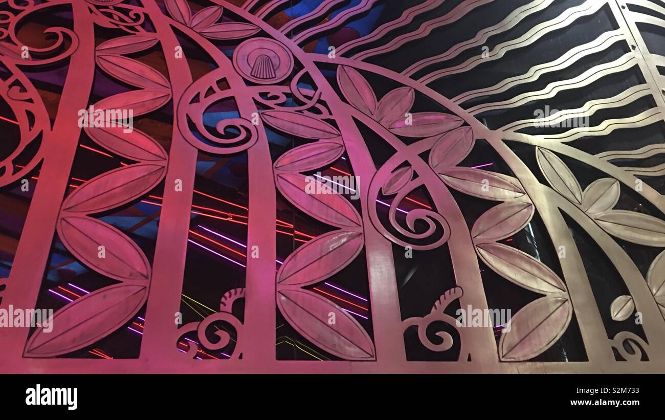 LAS VEGAS, NV, APRIL 2019: architectural details with reflections of red, pink and blue lighting at entrance to New York New York Hotel and Casino Resort on The Strip - Smartphone Captured Stock Image