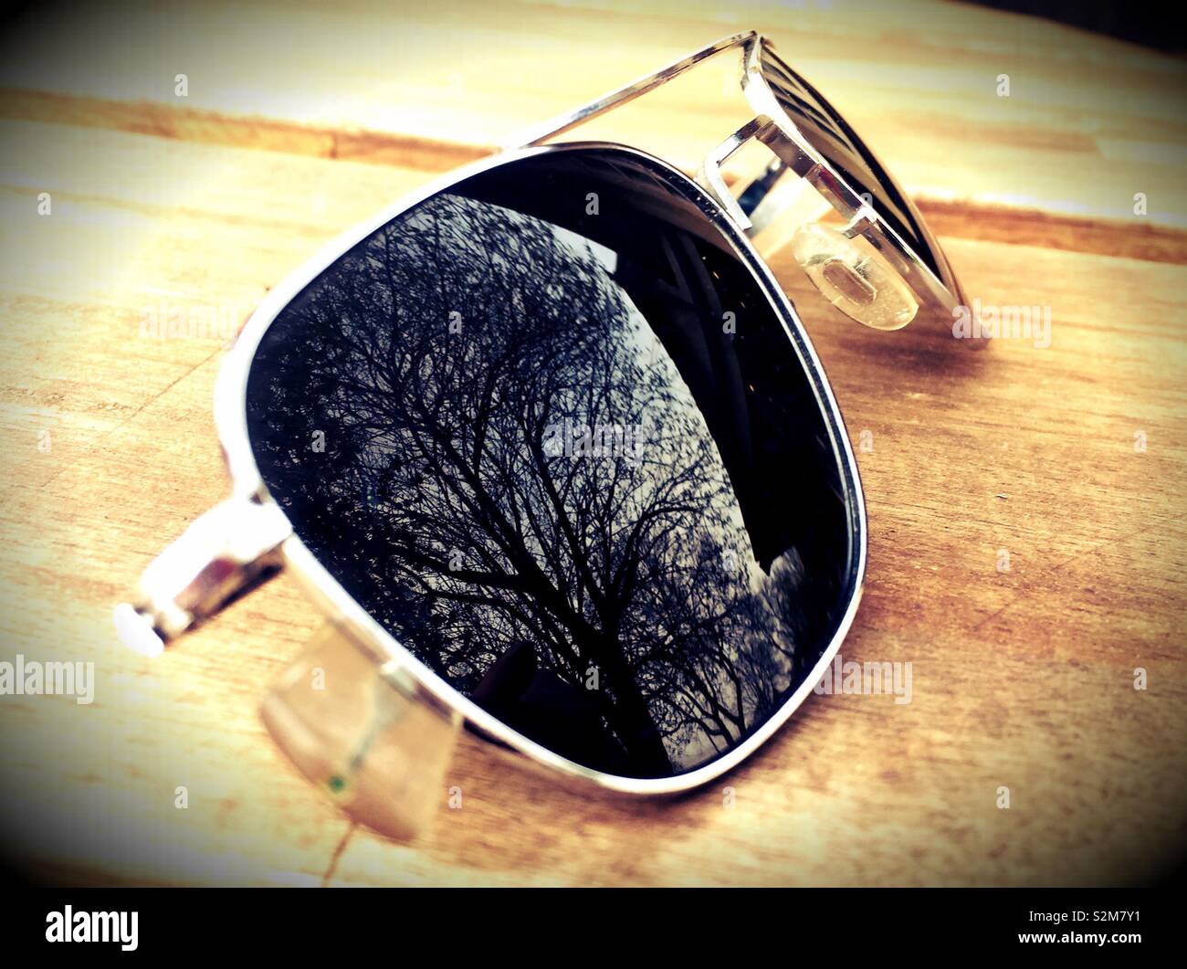 Aviator sunglasses with trees reflected in lens. Sunglasses sun - Smartphone Captured Stock Image