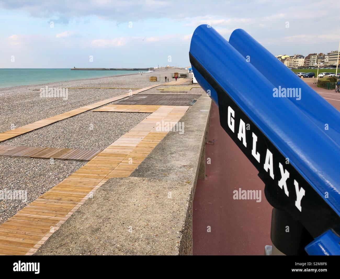 Lookout point binoculars on the beach in off season Dieppe, France. - Smartphone Captured Stock Image