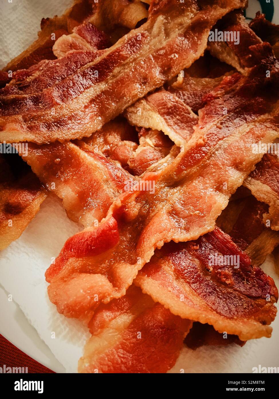 Close up flat lay of a platter of the crispy bacon, USA - Smartphone Captured Stock Image