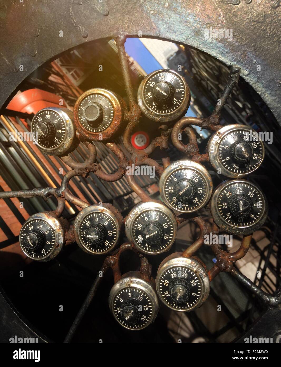Close up of an art piece of combination locks, USA - Smartphone Captured Stock Image