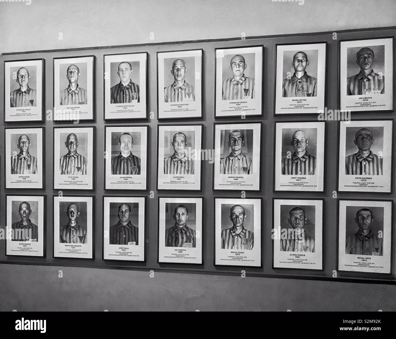 Rows of Portrait pictures of mostly Jewish inmates at the Nazi Auschwitz Concentration Camp in Oświęcium, Poland. It is probable that all these people were either executed or gassed by the Nazi regime - Smartphone Captured Stock Image