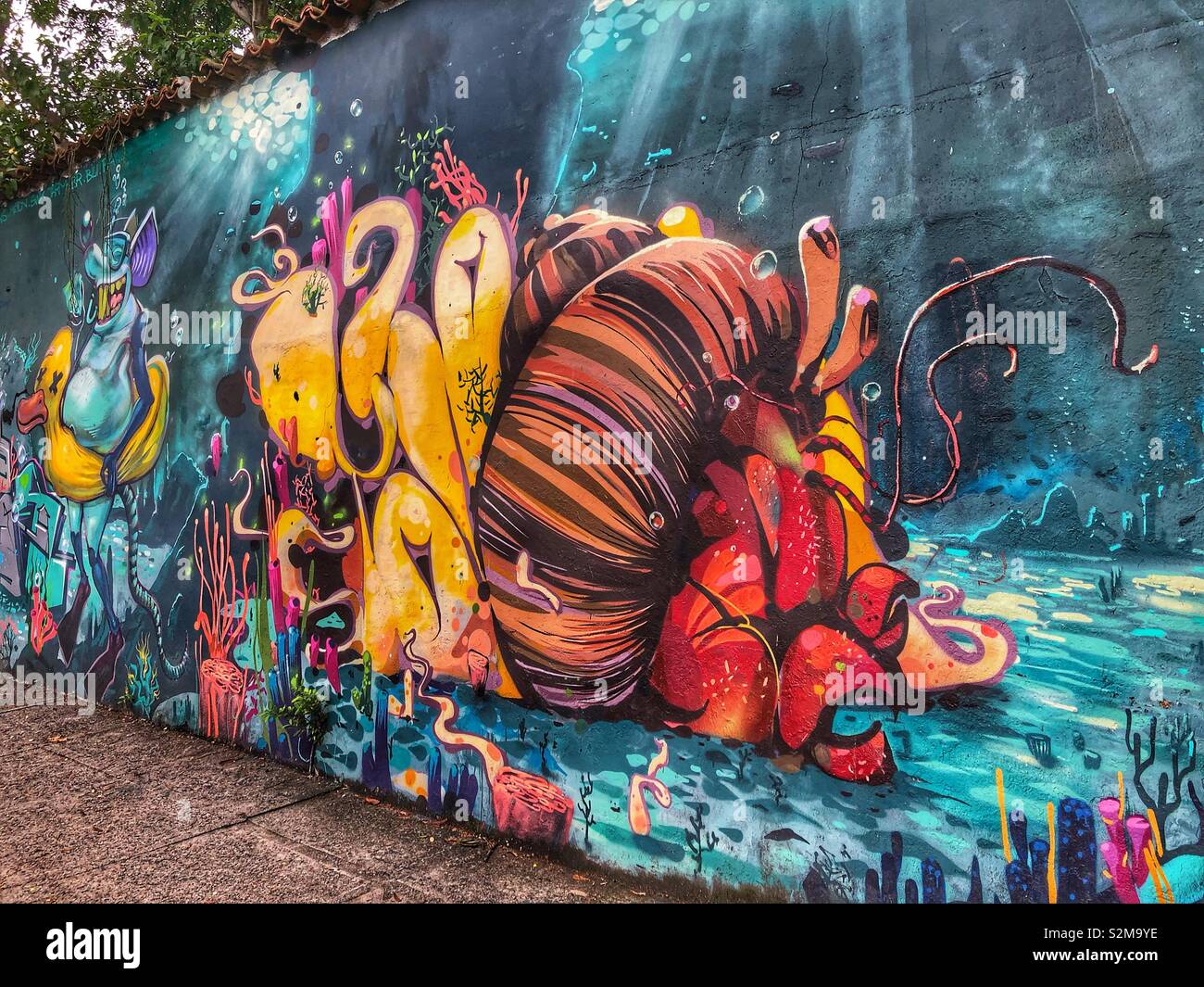Marine themed street mural in Rio de Janeiro, Brazil. - Smartphone Captured Stock Image