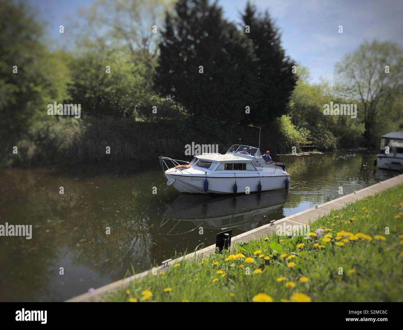 Boat approaching Linton-on-Ouse Lock North Yorkshire - Smartphone Captured Stock Image