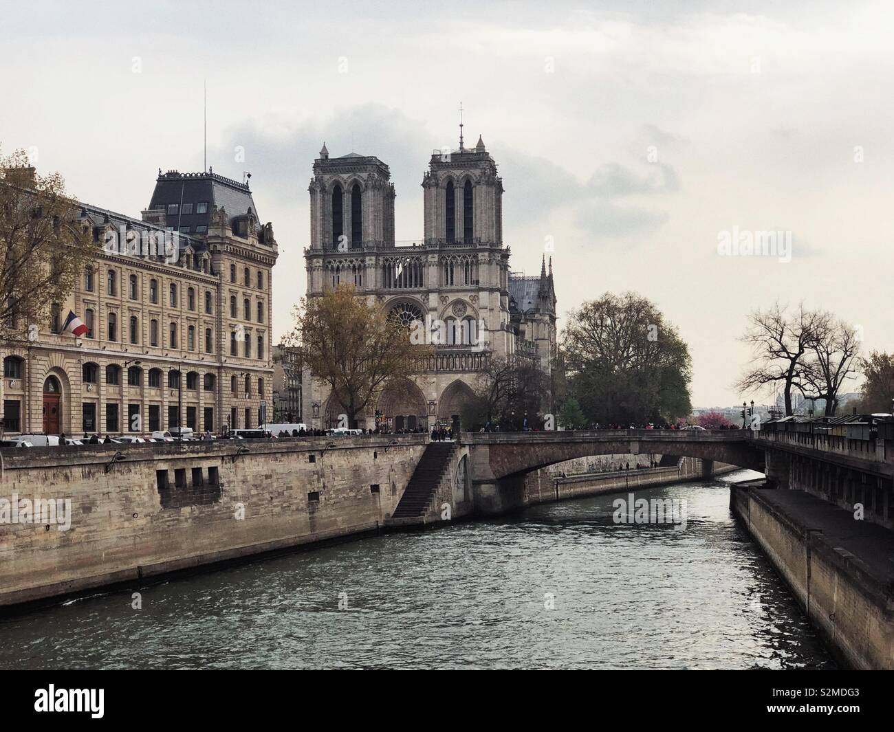 view at Notre Dame cathedral in Paris from the river Seine - Smartphone Captured Stock Image