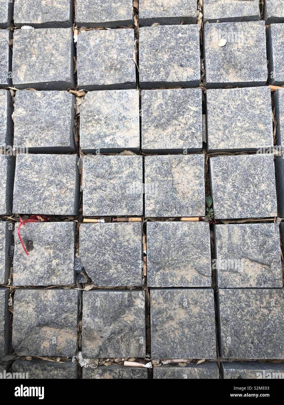 Square paving stones with discarded cigarette butts . Stock Photo
