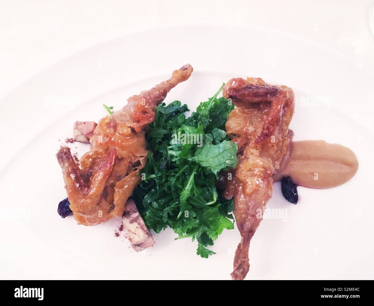 Roasted quail on a plate Stock Photo