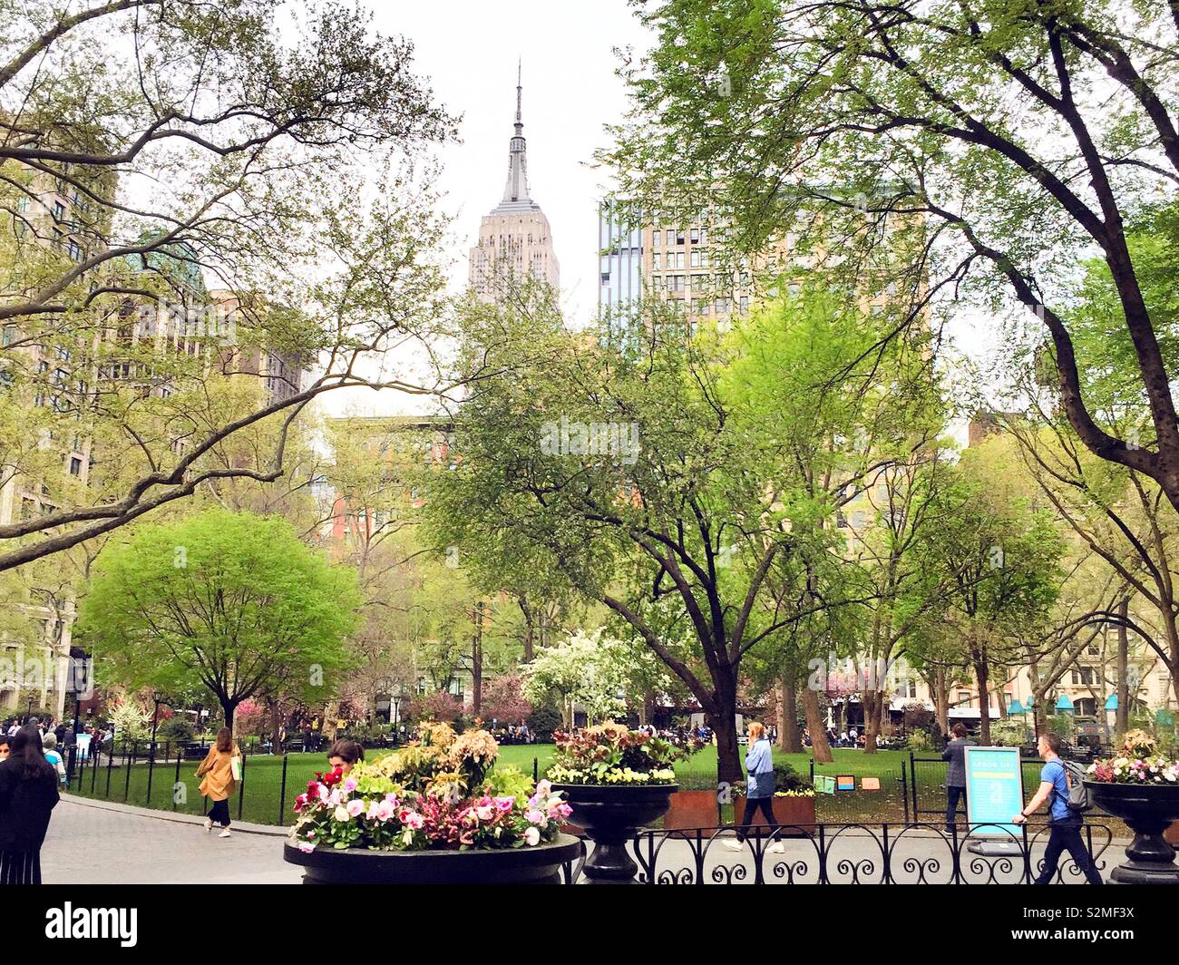 The Empire State building as seen from the South fountain Plaza in Madison Square, Park, New York City, United States - Smartphone Captured Stock Image
