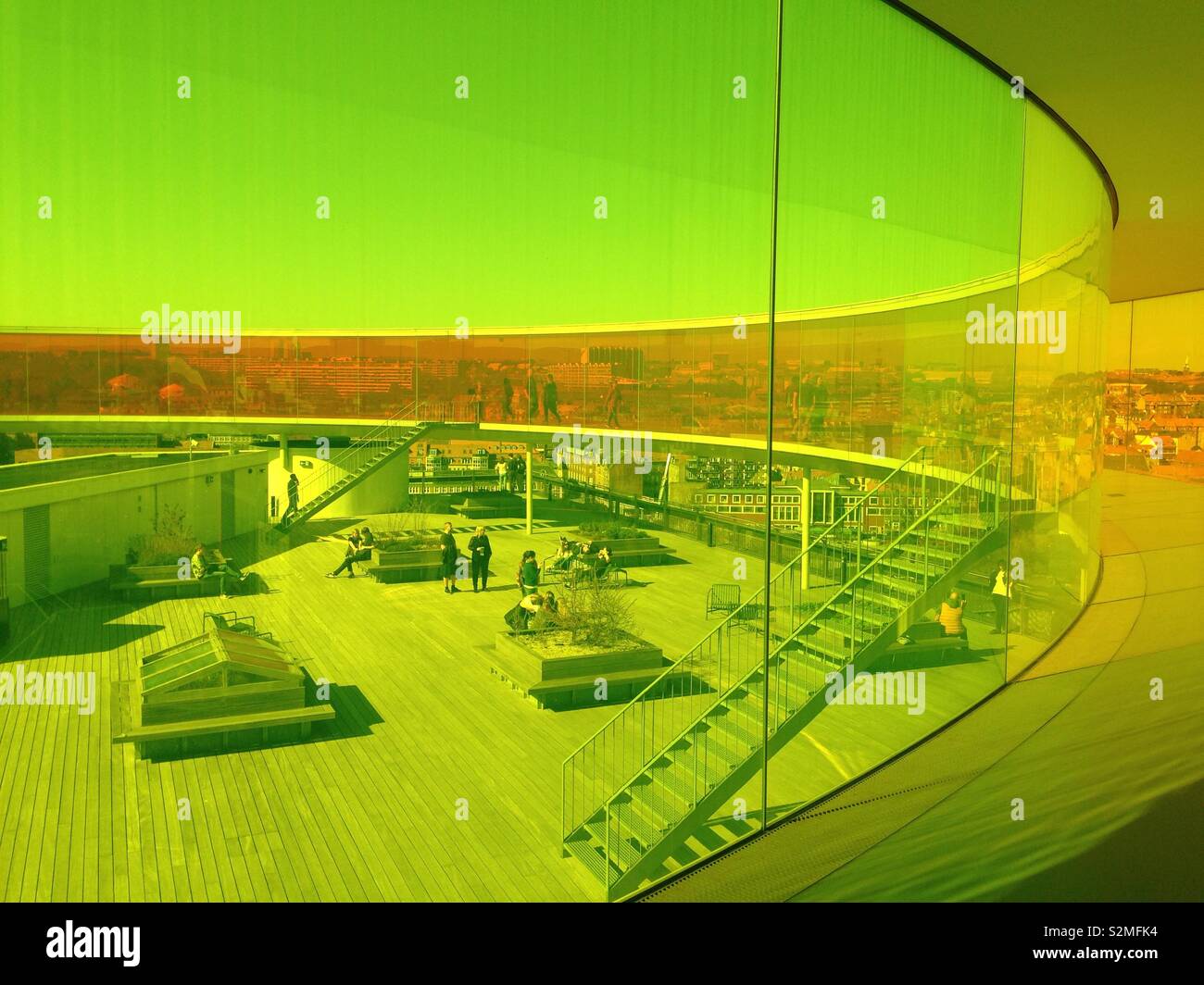 ARoS Art Museum, Aarhus, Denmark. Rooftop rainbow panorama by artist Olafur Eliasson - Smartphone Captured Stock Image