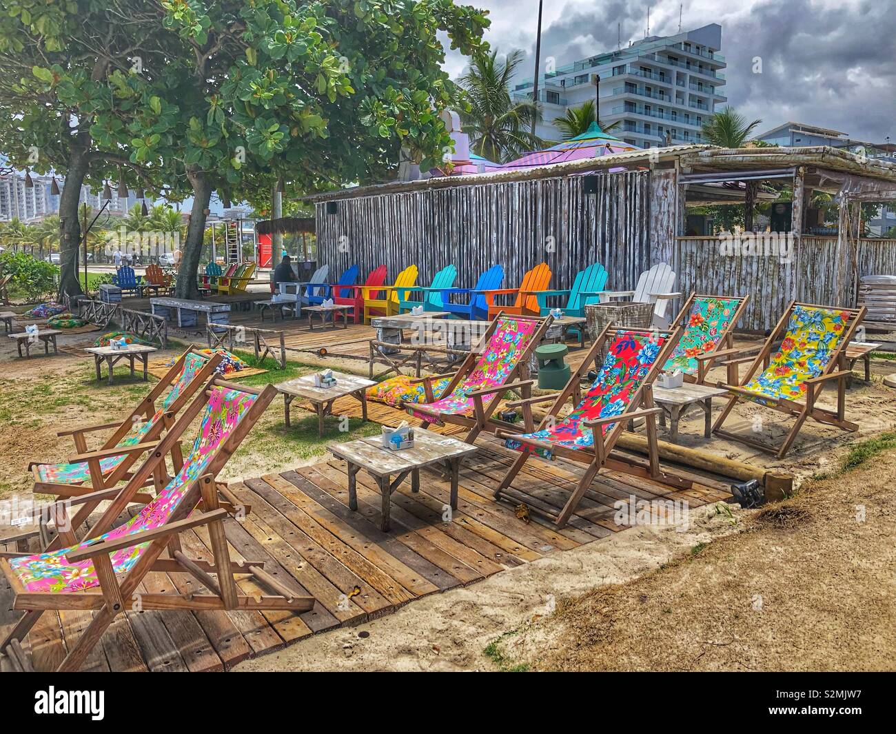 Lounge chairs on the beach in Barra da Tijuca, Rio de Janeiro, Brazil. - Smartphone Captured Stock Image