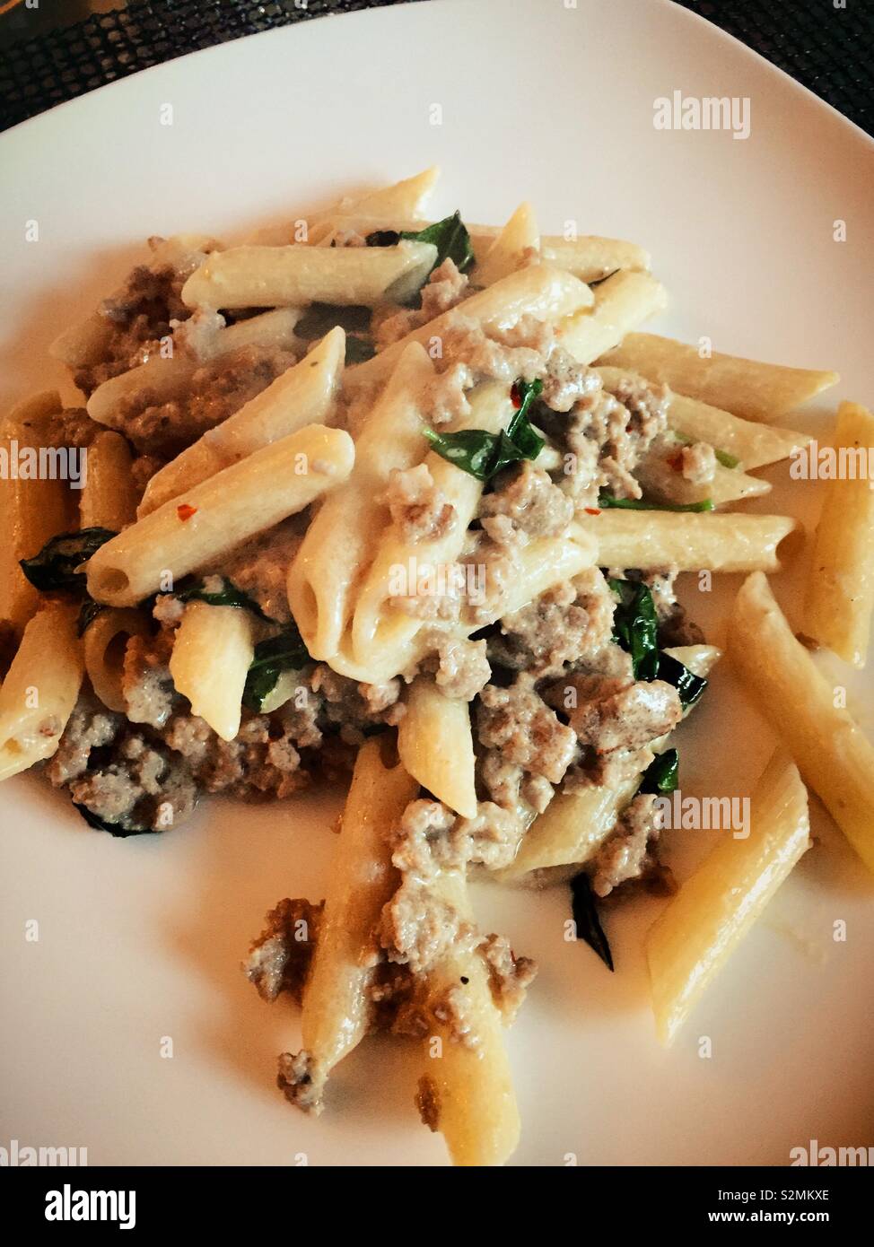 Flat lay close up of a colorful pasta dish - Smartphone Captured Stock Image