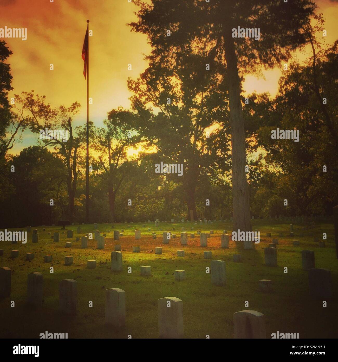 Shiloh National Cemetery is pictured at sunset at Shiloh National Military Park, Sept. 21, 2016, in Shiloh, Tennessee. The Battle of Shiloh, a major battle of the American Civil War, was held here. Stock Photo