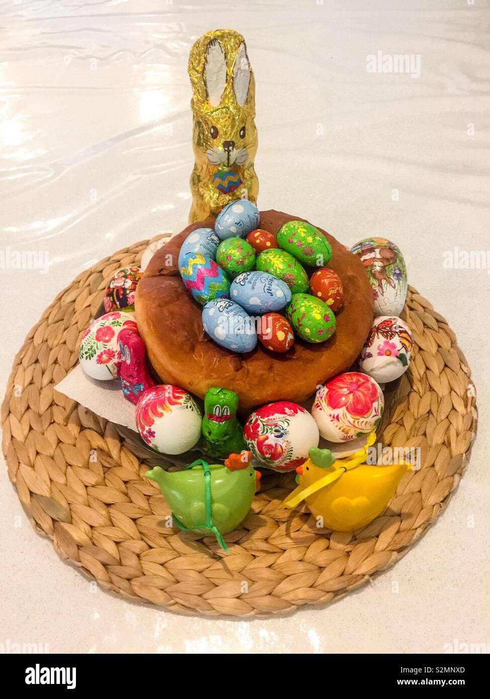 Easter composition with eggs and chocolate bunny - Smartphone Captured Stock Image