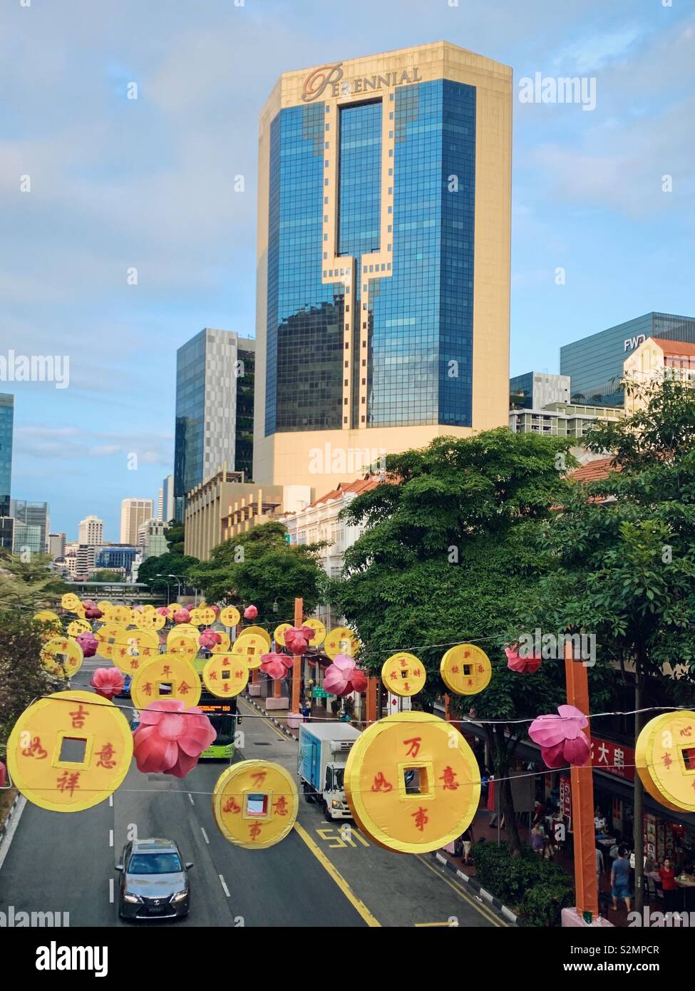 Looking down at old and new in China town Singapore - Smartphone Captured Stock Image