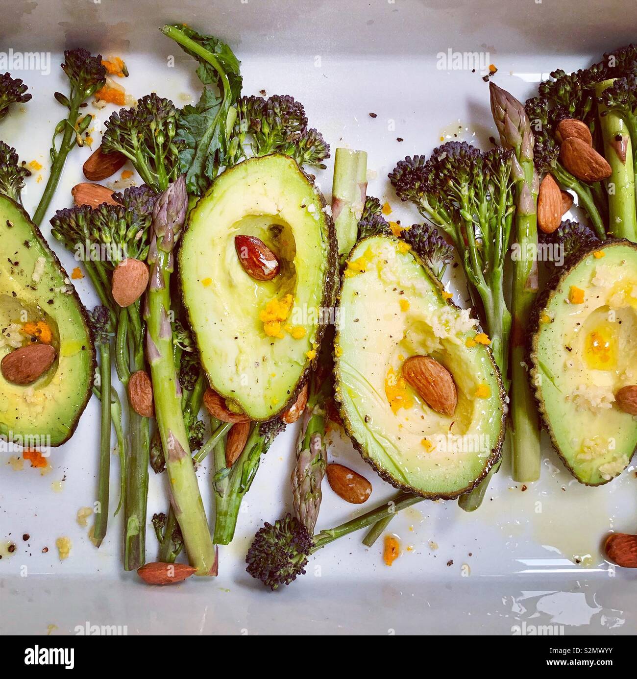 Roasted Avocado and Asparagus Stock Photo
