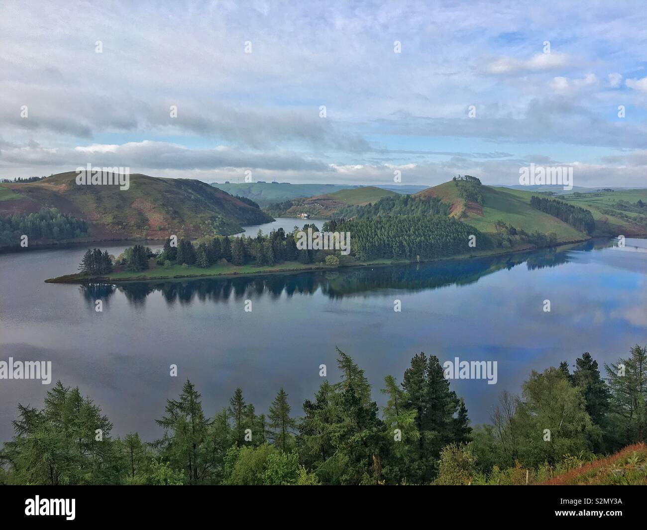Beautiful bwlch y gle reservoir in mid wales in morning sunshine - Smartphone Captured Stock Image