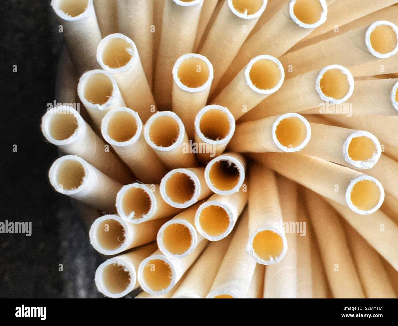 Closeup of the top view of a bunch of paper straws that are