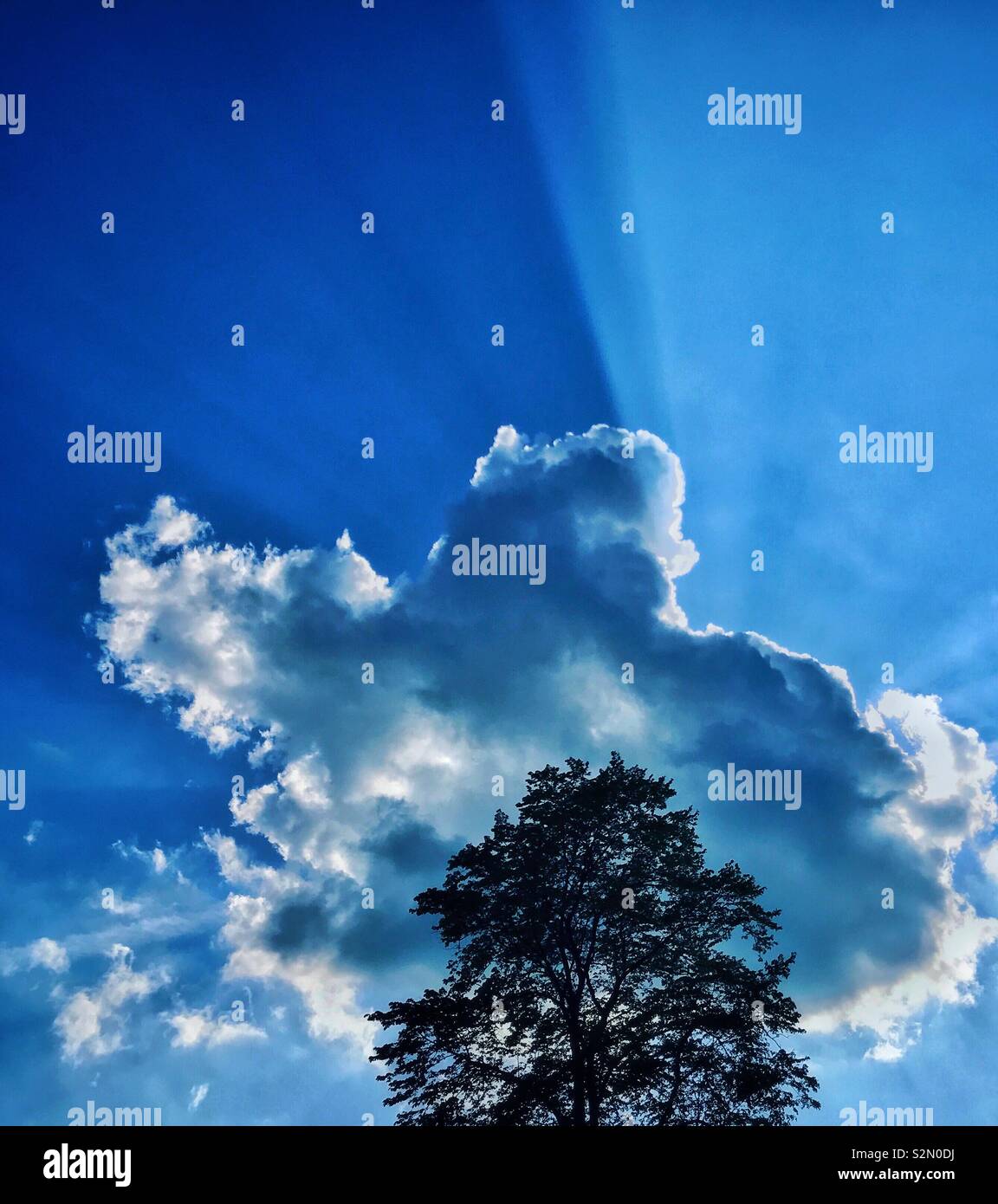 Crepuscular beams/light emanating from behind an interestingly shaped cloud. An awe inspiring image with multiple potential uses. No people. Space for copy. Photo Credit - © COLIN HOSKINS. - Smartphone Captured Stock Image