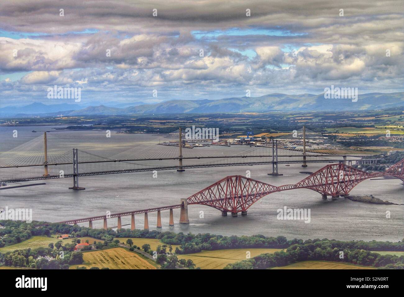 The three Forth bridges from a helicopter Stock Photo