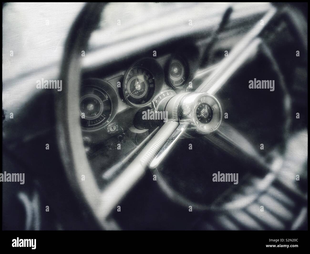 Classic car steering wheel and dashboard - Smartphone Captured Stock Image