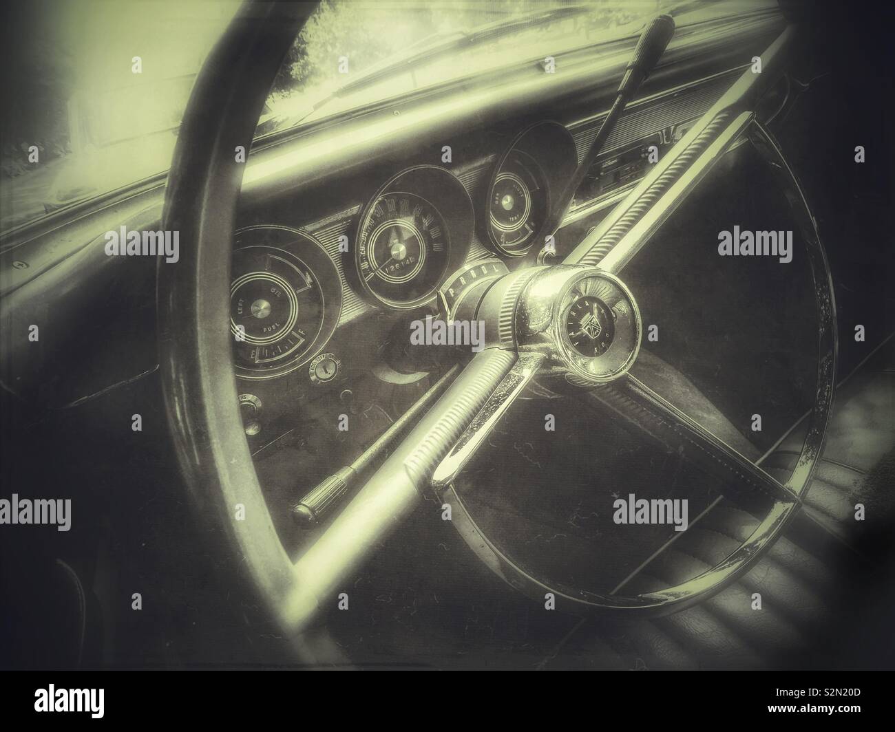 Classic car steering wheel and dashboard - Smartphone Captured Stock Image