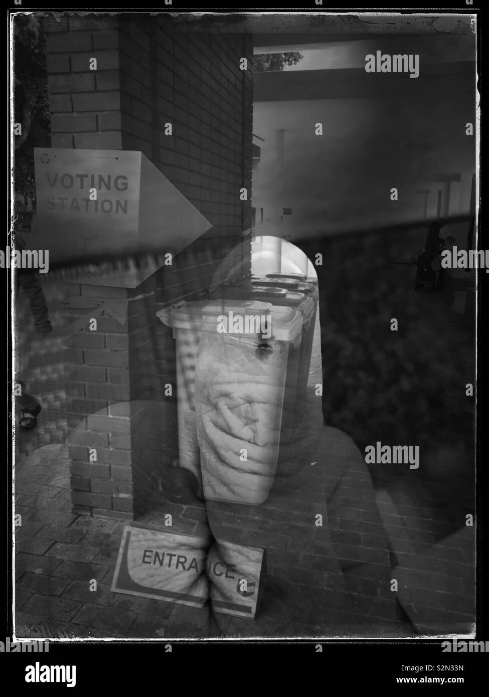 Double exposure of voting station and thumb with ink mark on, Cape Town, South Africa. - Smartphone Captured Stock Image