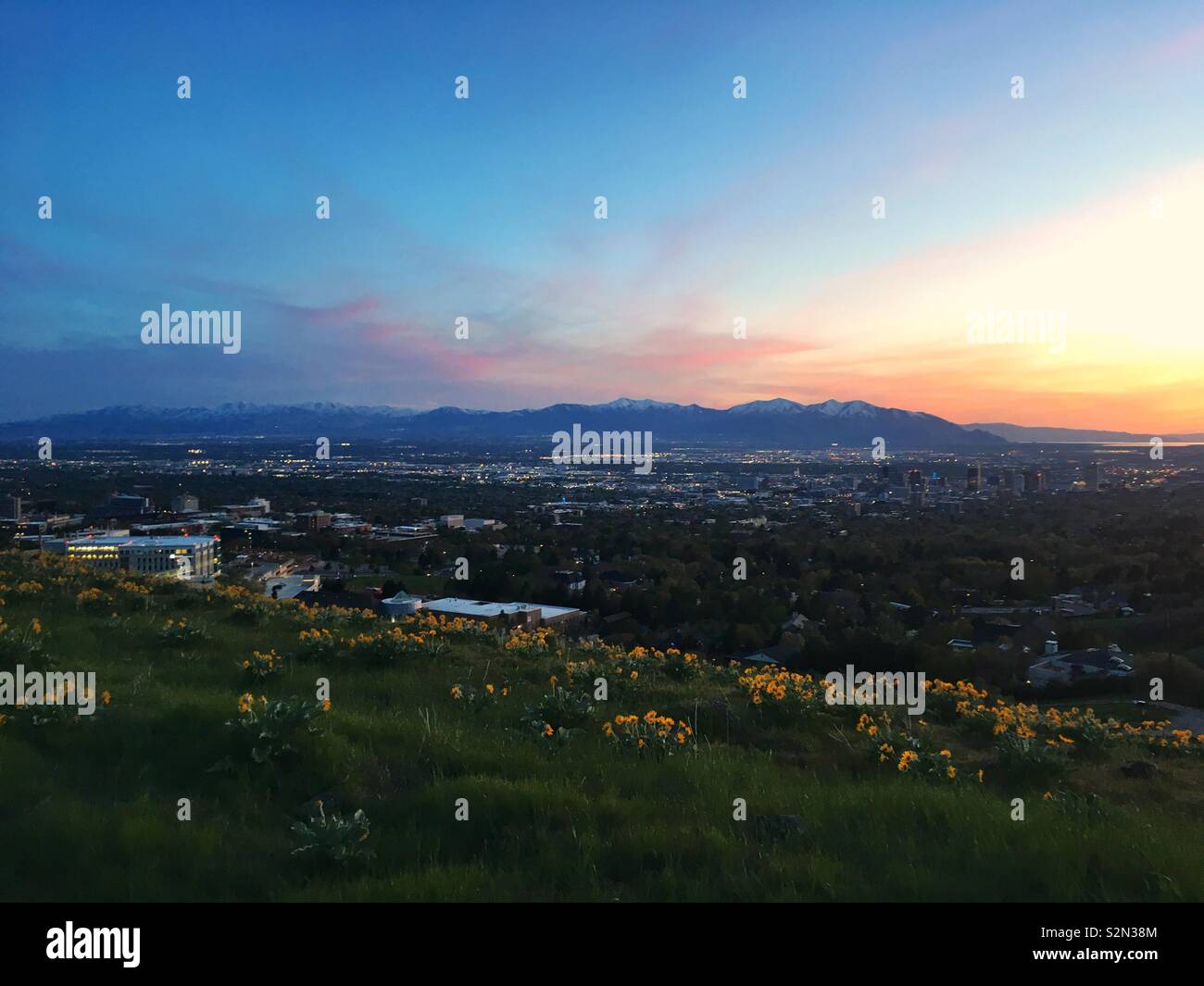 A spring sunset from the foothills of Salt Lake City, Utah Stock Photo