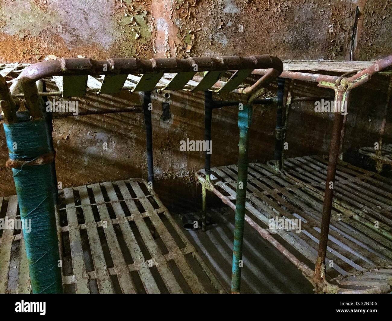 Metal beds in prison Stock Photo Alamy