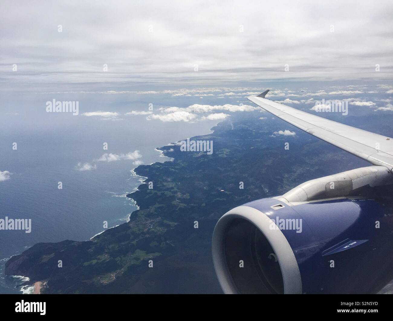 View of Spanish coastline from plane window. Stock Photo