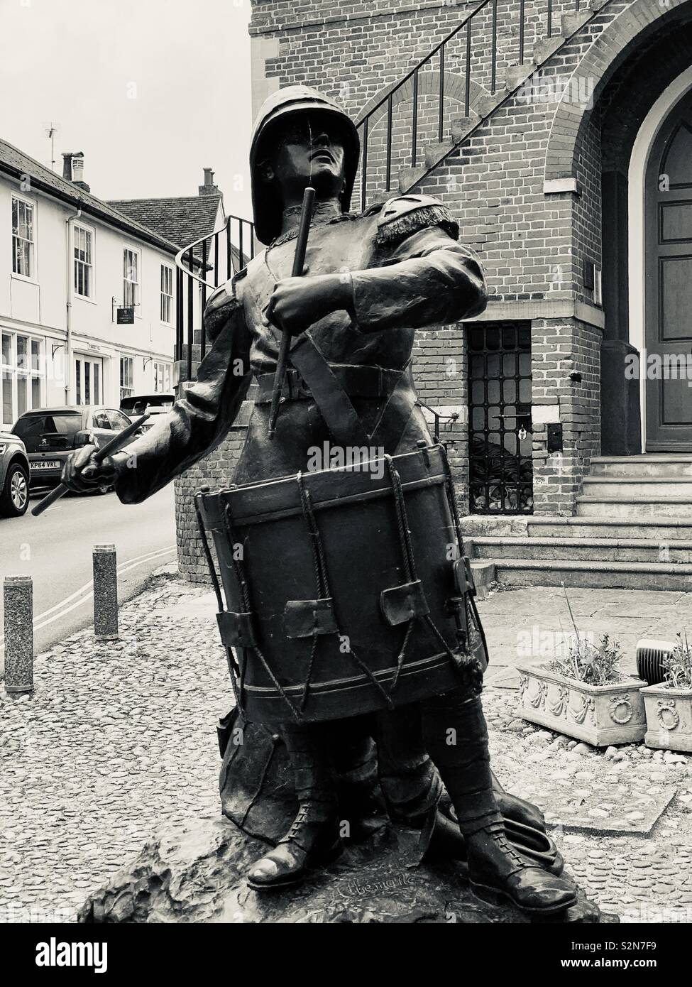 Woodbridge, Suffolk, UK - 18 May 2019: Drummer Boy statue, Market Hill. Stock Photo