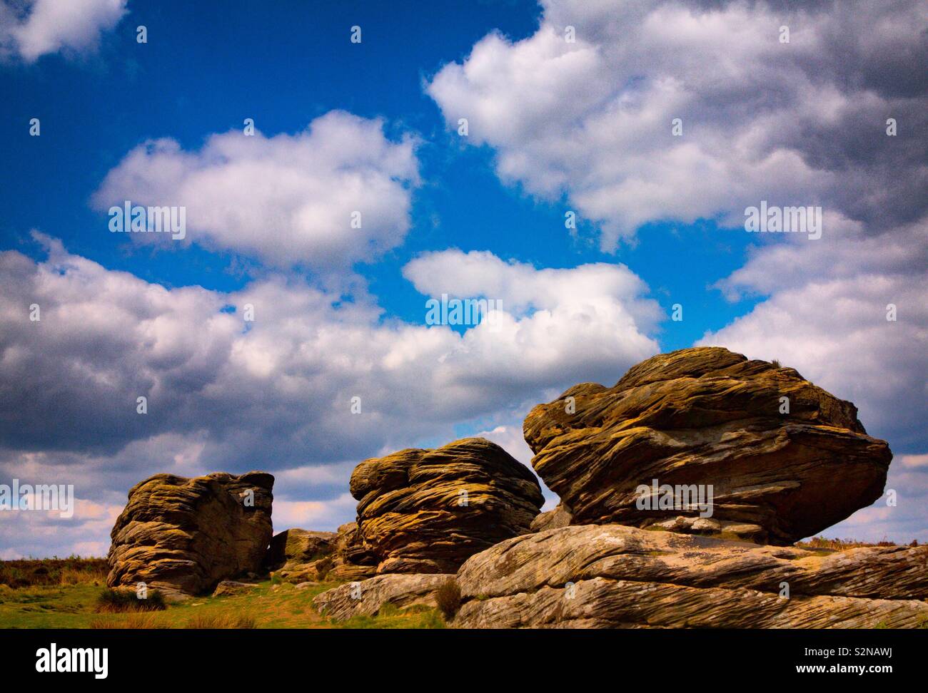 The Three Ships rock formation on Birchen Edge in the Peak District National Park Derbyshire England UK - Smartphone Captured Stock Image