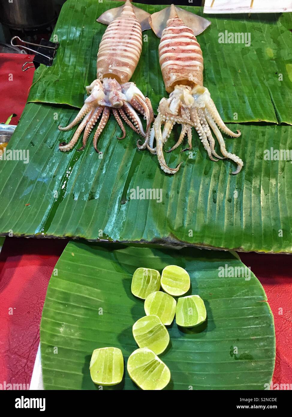 Two raw squids on banana leaf and lime slices - Smartphone Captured Stock Image