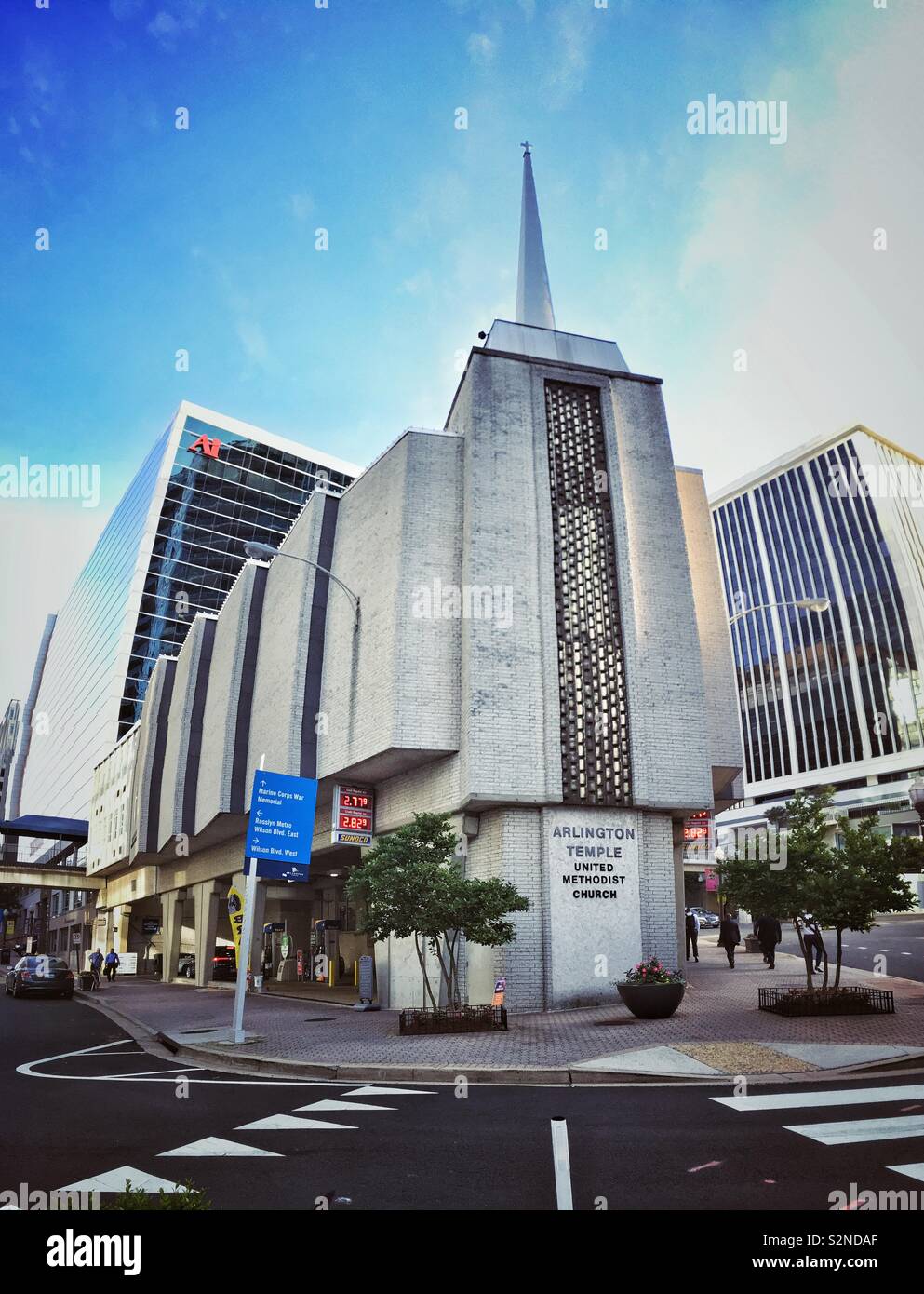 Arlington temple Methodist church above a gas station. Rosslyn, VA, USA. - Smartphone Captured Stock Image
