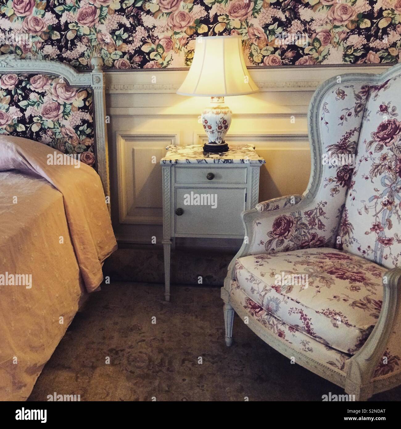 A bedroom at The Breakers mansion, Newport, Rhode Island,United States - Smartphone Captured Stock Image