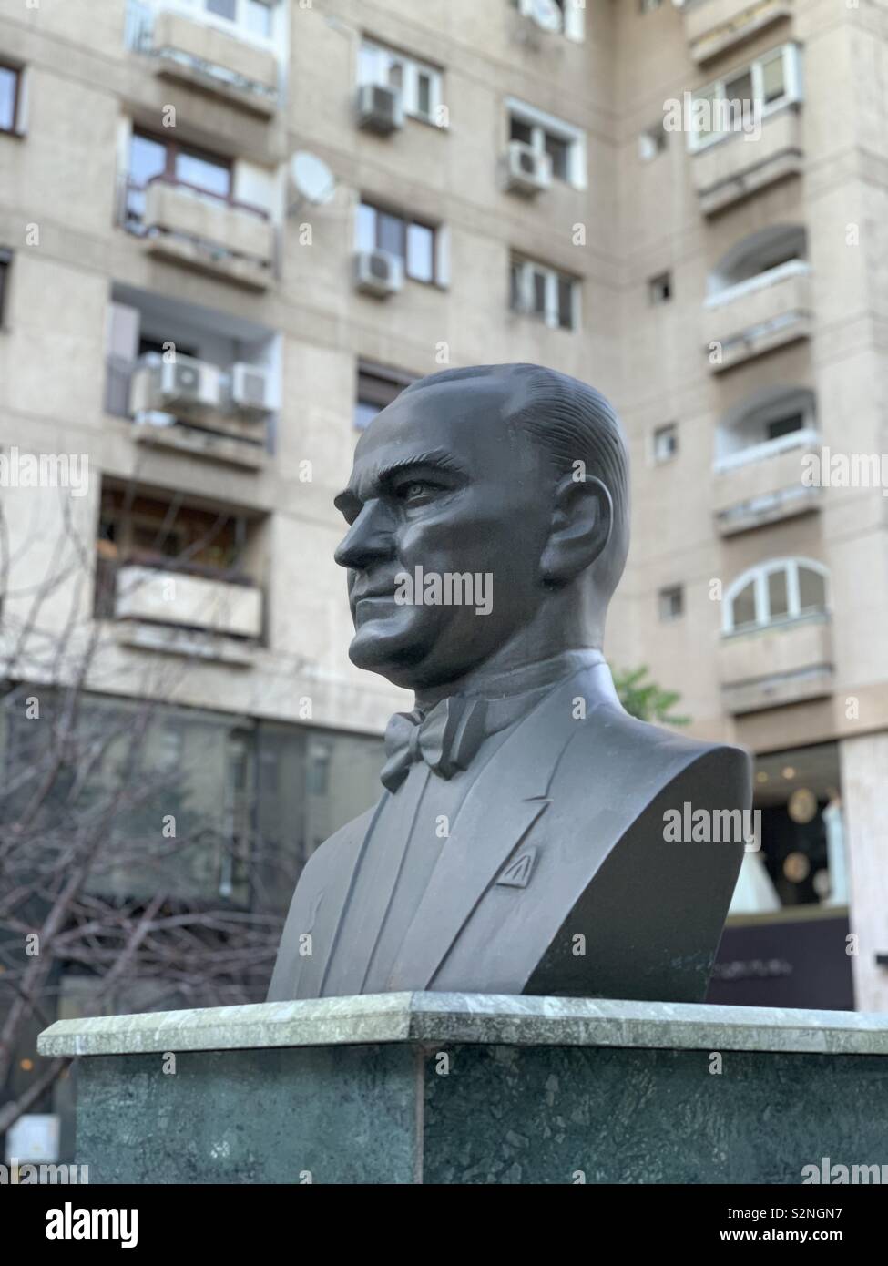Bronze bust of Mustafa Kemal Atatürk, Calea Victoriei, Bucharest, Romania - Smartphone Captured Stock Image