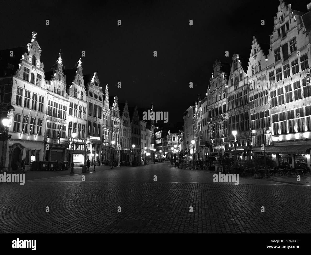 Black and white photo of Antwerp at night Stock Photo