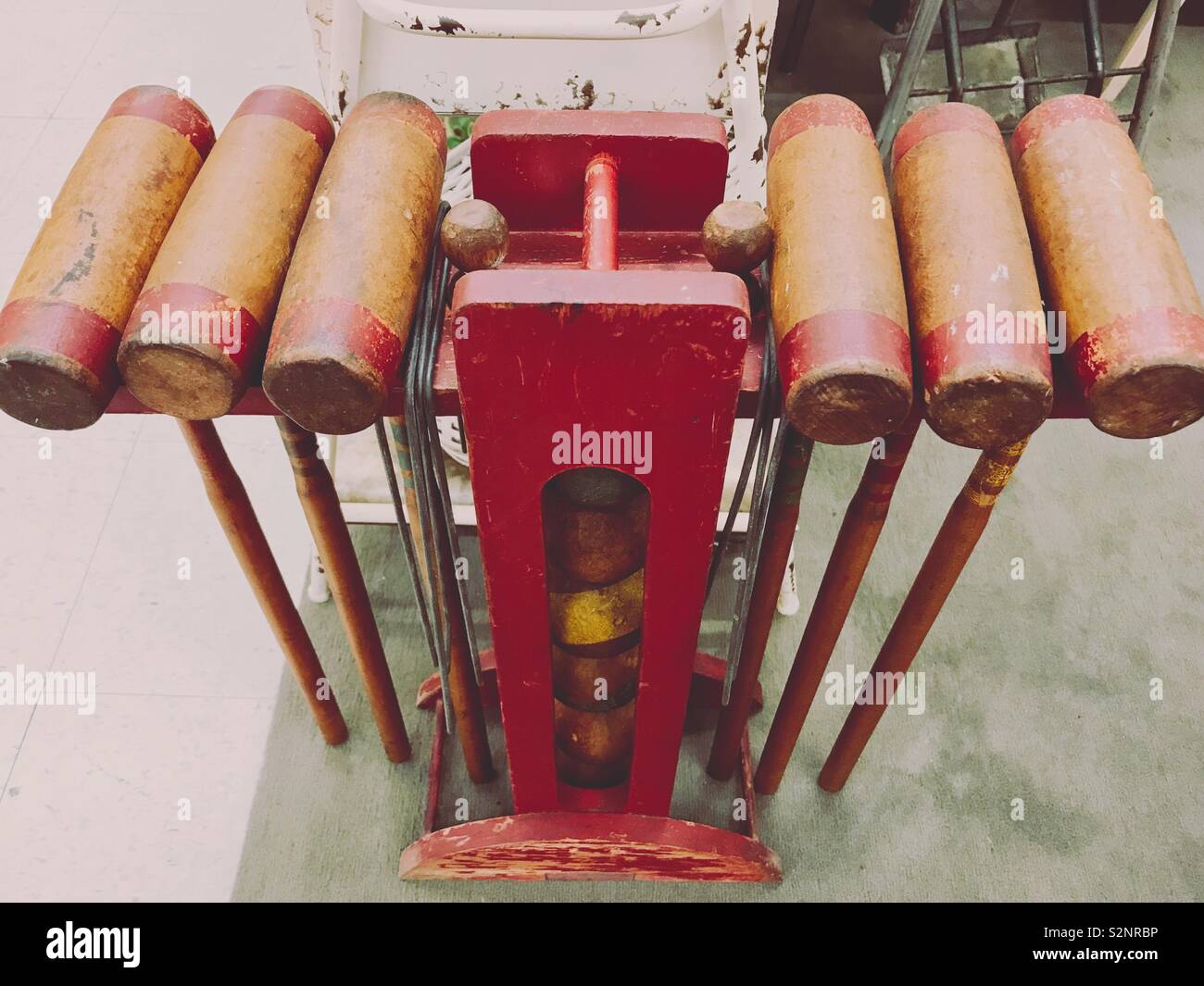 Vintage wooden croquet set with stand - Smartphone Captured Stock Image