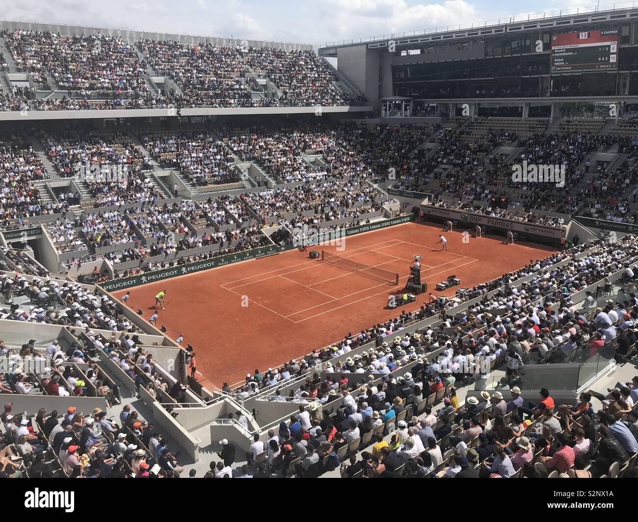 Rafael Nadal, king of the clay court, playing on Philippe Chatrier at the 2019 French Open. Stock Photo