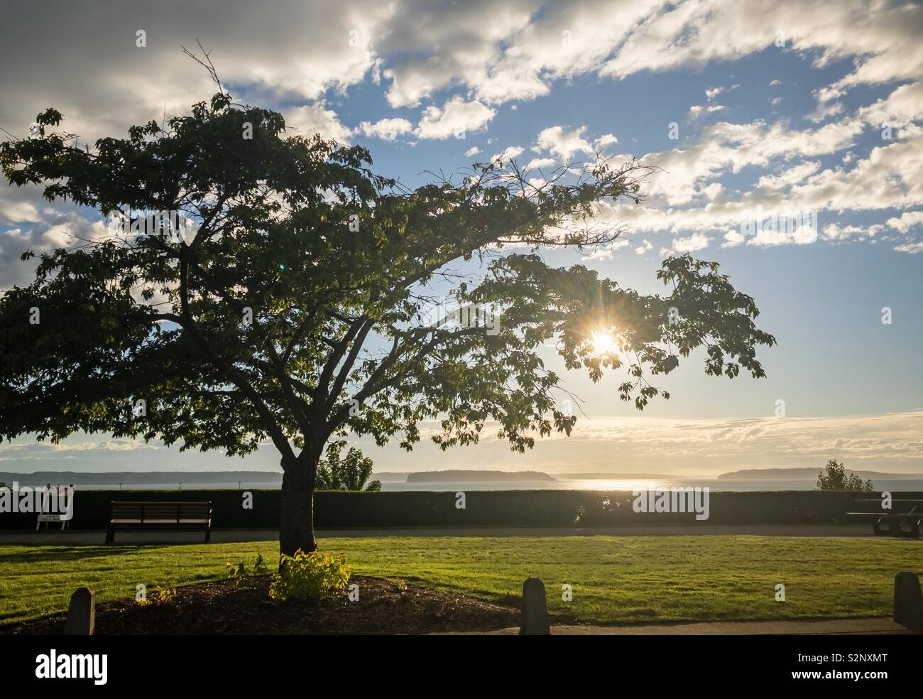 A beautiful PNW sunset at Grand Ave Park in Everett WA. Stock Photo