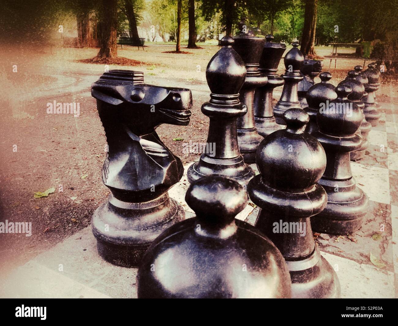 Large Black chess pieces in Geneva  parc des Bastions, Switzerland Stock Photo