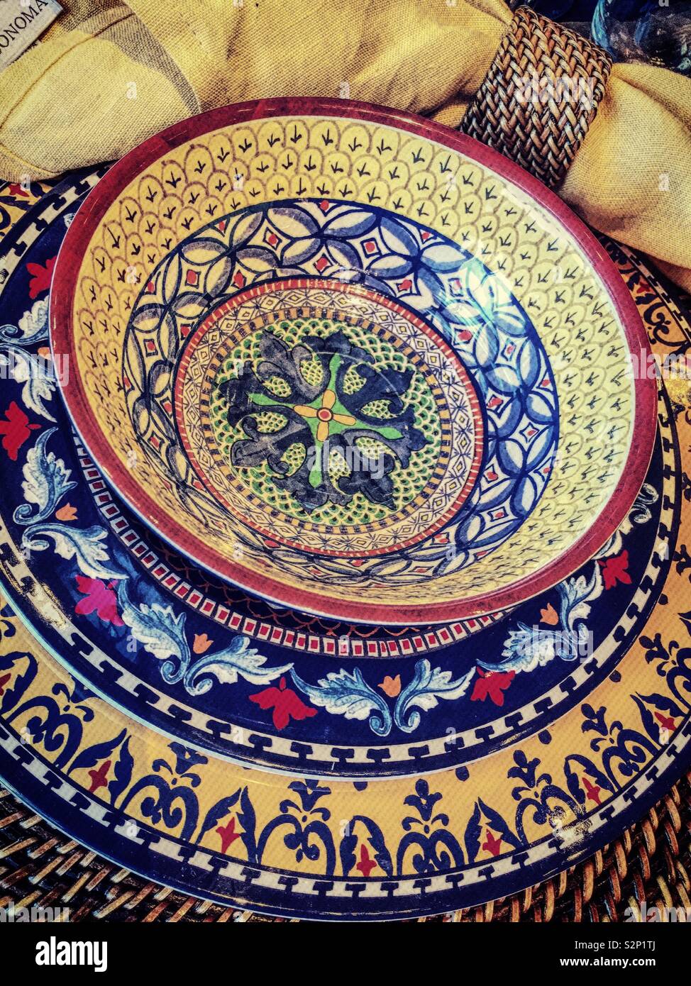 Brightly colored and patterned bowls and plates on sale at Williams Sonoma, Time Warner Center, NYC, USA - Smartphone Captured Stock Image