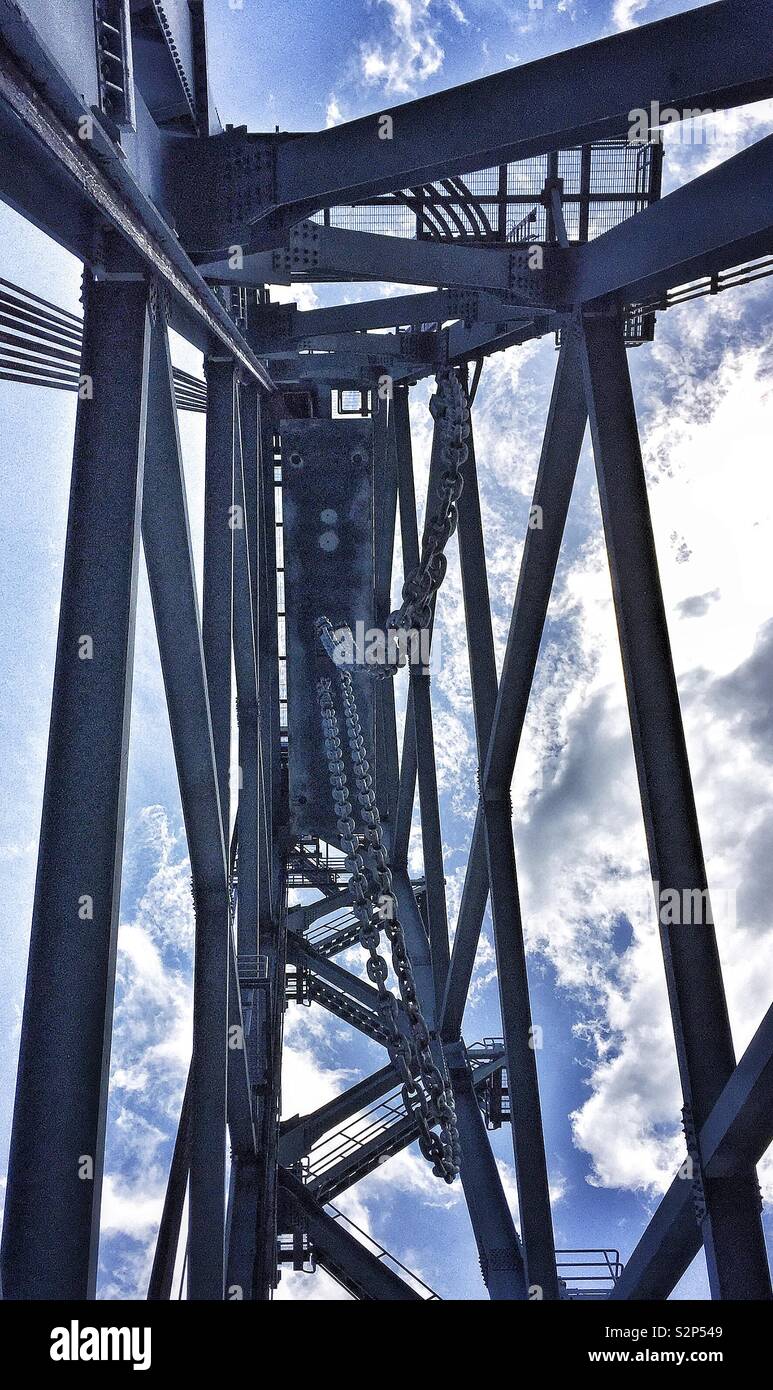 Counterweight of a vertical-lift bridge seen from below Stock Photo