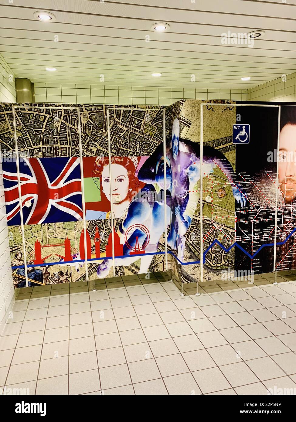 Brussels, Belgium 1st June 2019 GB theme toilet cubicles in the Eurostar terminal, midi