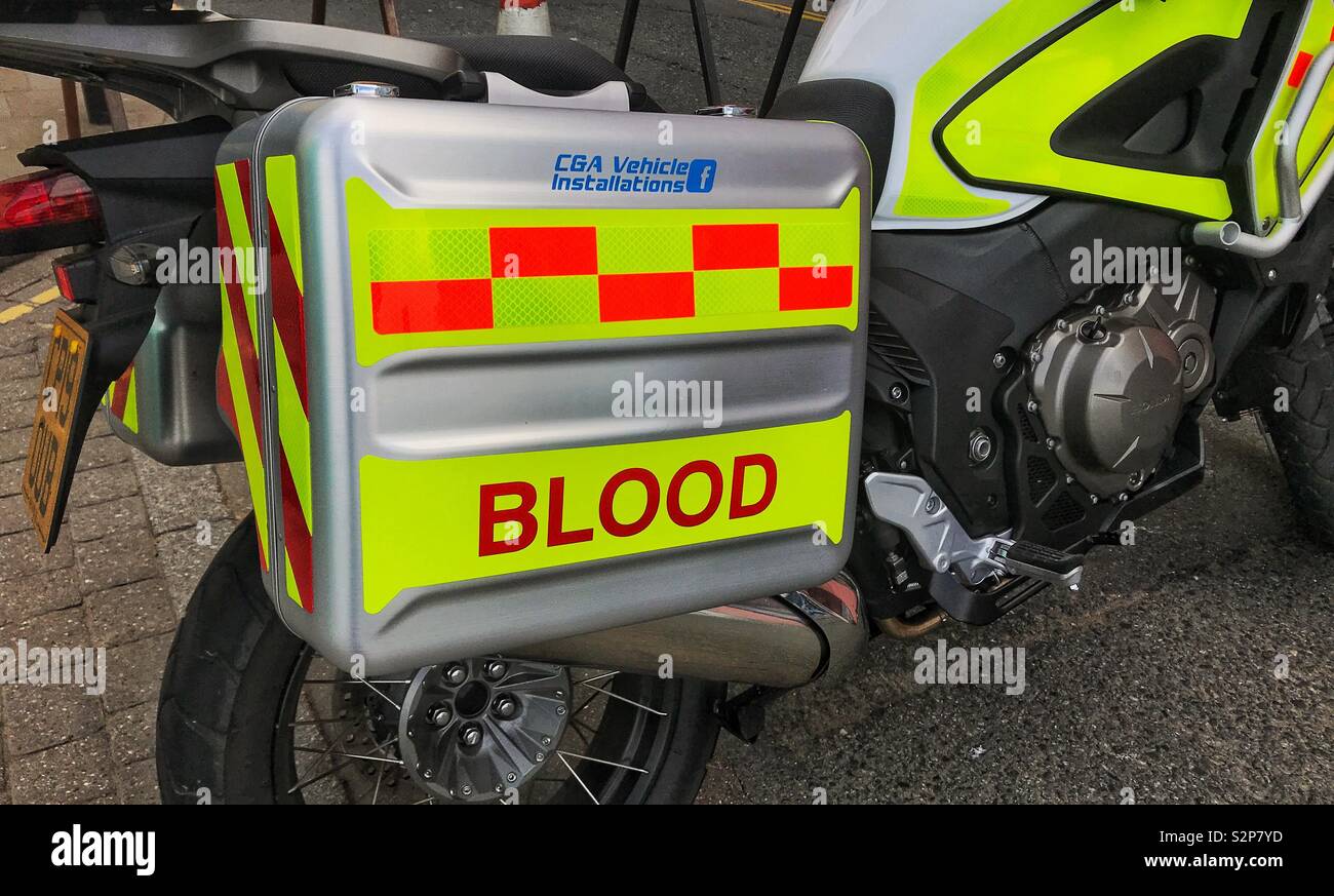 Pannier container on the back of a motorcycle used by the Blood Transfusion Service Stock Photo