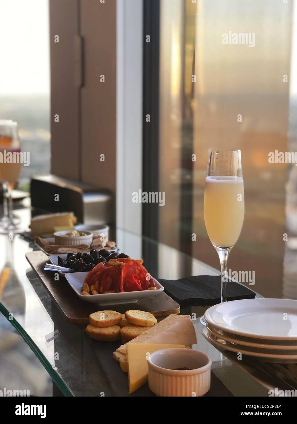 Food and drink at the top of a skyscraper. Stock Photo
