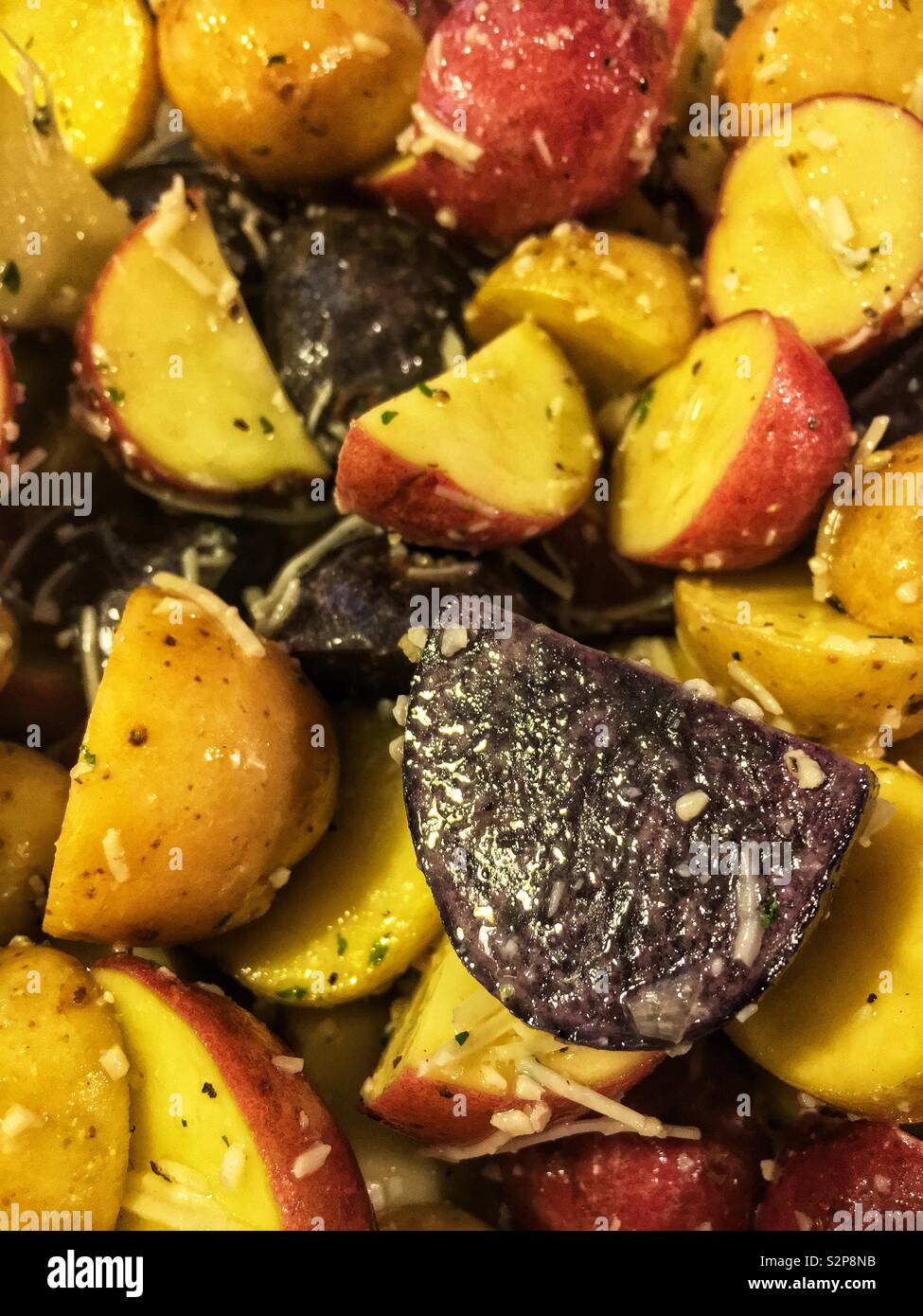 Medley of a variety of colorful potatoes cut and baked with fresh Parmesan cheese. - Smartphone Captured Stock Image
