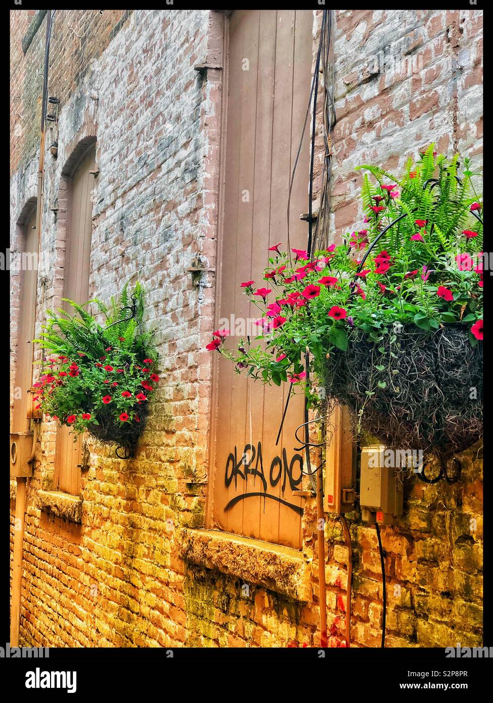 Hanging flower baskets on brick wall Stock Photo Alamy