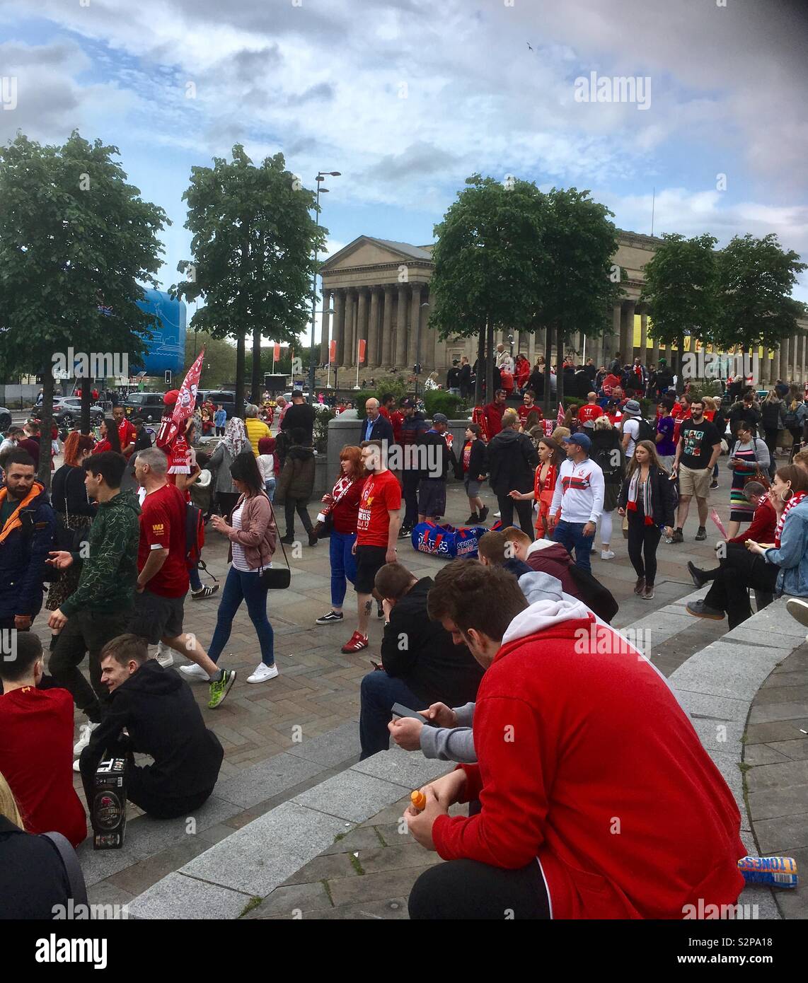 Outside Lime Street Station, Liverpool celebrating winning the Champions League Cup, 2019. Stock Photo