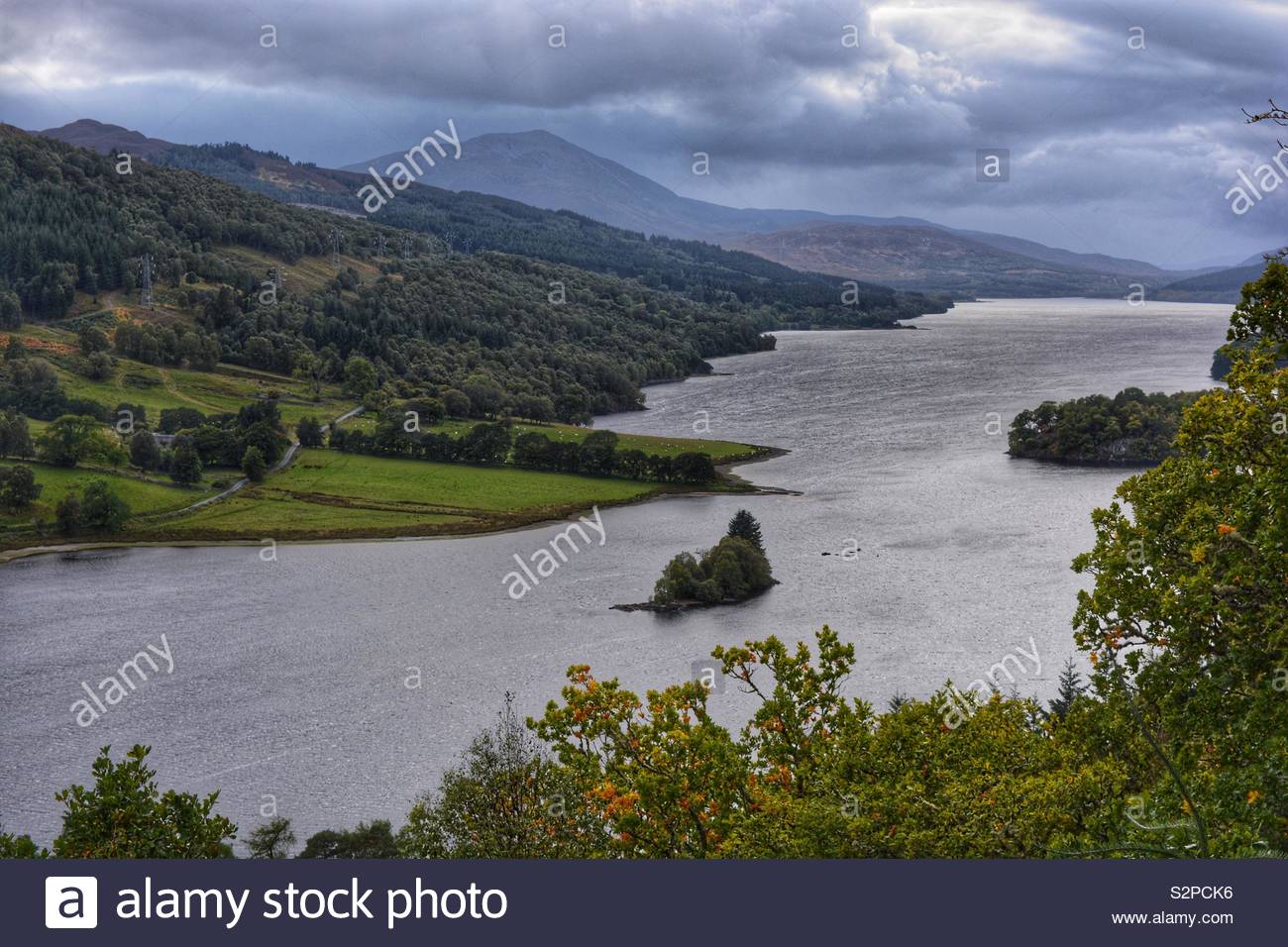 Queen’sView, looking west over Loch Tummel, on a stormy autumn day, Pitlochry, Perthshire, Scotland. Stock Photo