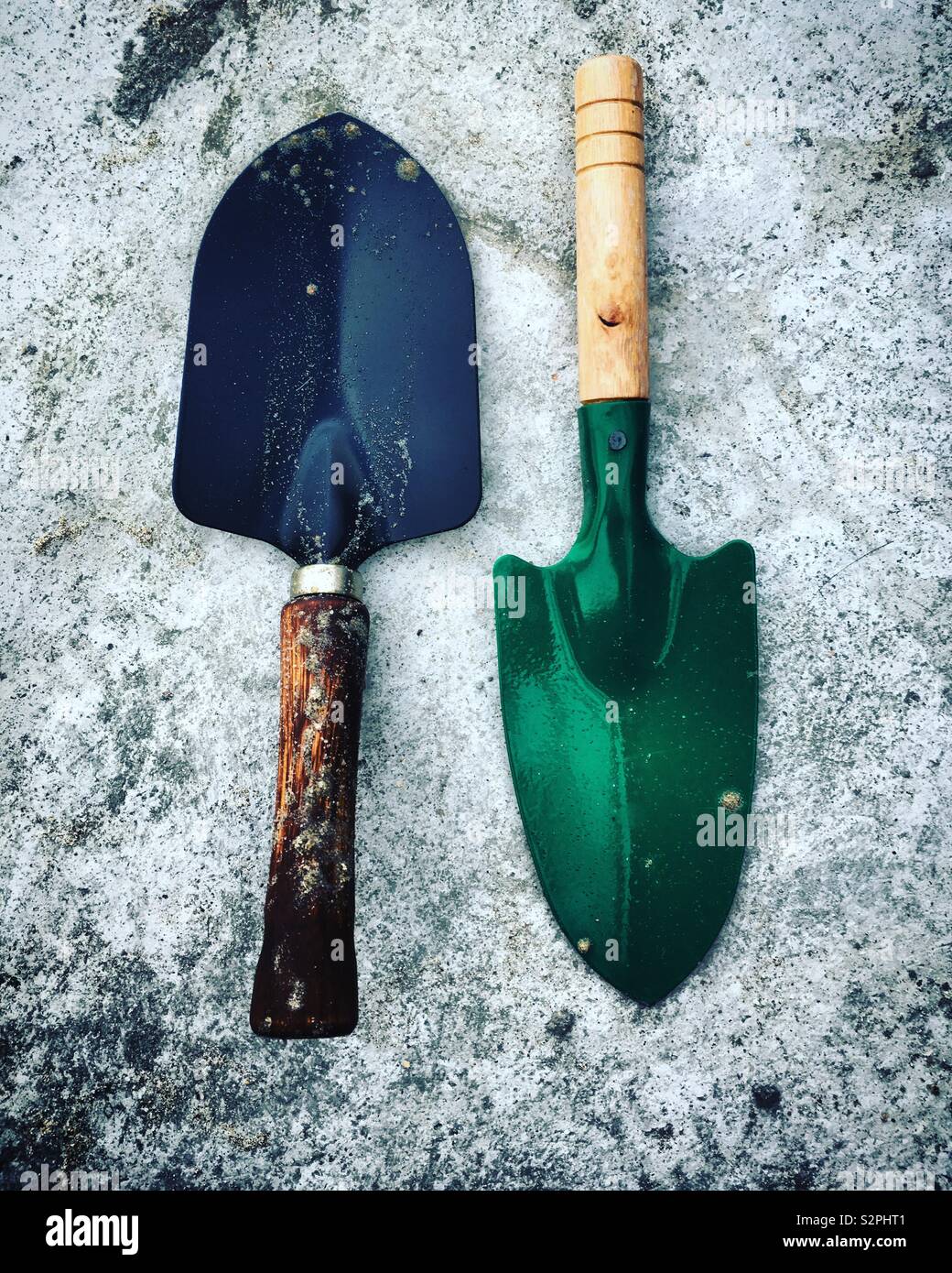 Upside down of two metal shovel for gardening Stock Photo